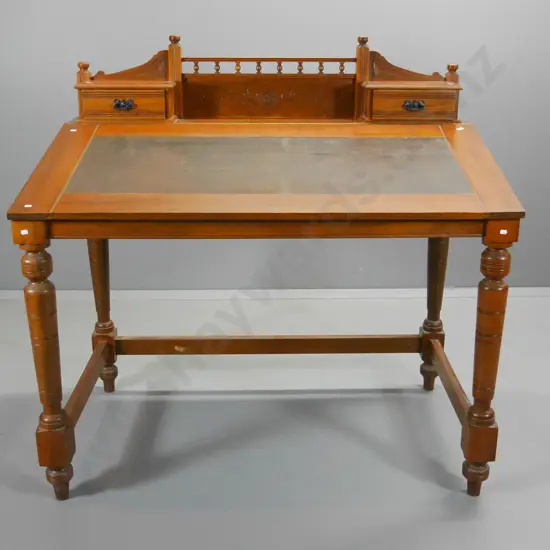 vintage kauri clerk's desk, pediment top w/2 drawers, lift-up slope w/leatherette insert, turned legs H1310 W1340 D800