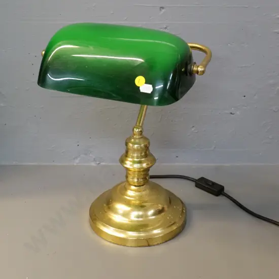 reproduction brass based banker's lamp with green glass shade - some pitting to brass H360 W260
