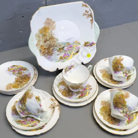 Shelley heather pattern part tea set - 4 trios, cake plate, 2 extra side plates & 1 saucer