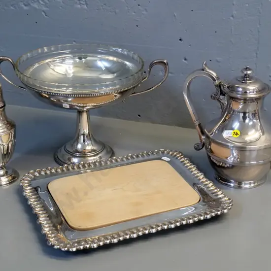 4 plated ware items - teapot, comport fruit bowl with glass liner D-240, sugar caster and tray with wooden insert