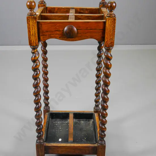 deco oak umbrella & walking stick stand with barley twist legs, tin trays, turned finials H770 W-320 D-320
