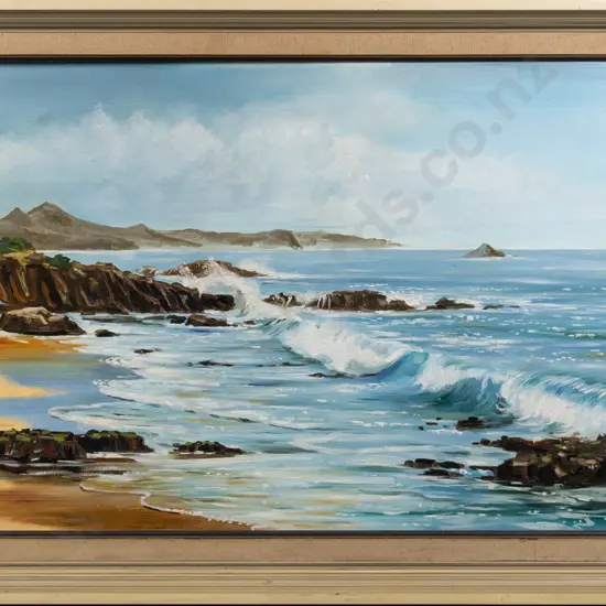 John Barnes '78 -  framed oil - coastal scene (framing needs attention) H-450 W-730