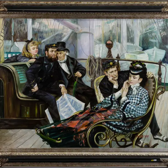 Townsend - framed oil - group seated on deck, copy of Tissot work H-740 W-1000