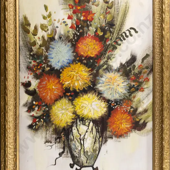 gilt framed oil - still life flowers (chips to frame) H-1060 W-750