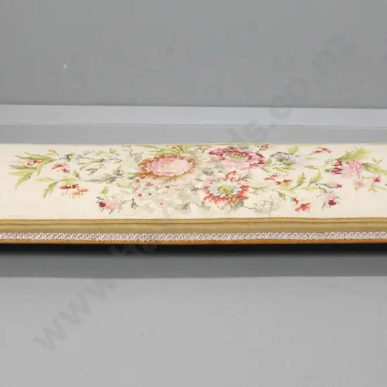 vintage walnut long prayer kneeler with scroll feet, hand-worked tapestry cover H130 W1070 D270