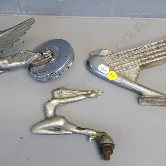 3 vintage automotive bonnet mascots / ornaments - winged figures, largest L-170
