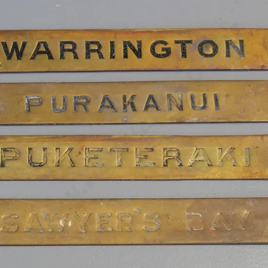 set of 4 brass Tyer's tablet machine NZR name plates - Dunedin North line - Sawyers Bay, Purakaunui, Warrington, etc