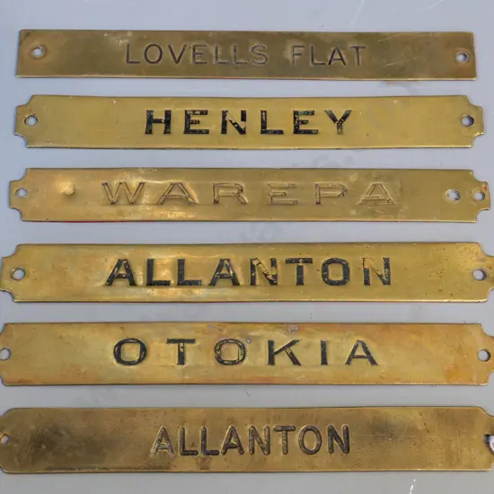 set of 6 brass Tyer's tablet machine NZR name plates - Dunedin South line - Allanton, Henley, Lovell's Flat, Warepa etc