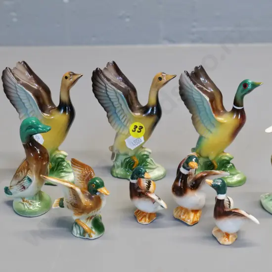 10 small ceramic duck ornaments - one marked England is Beswick, one marked Japan, others unmarked - tallest is H-110