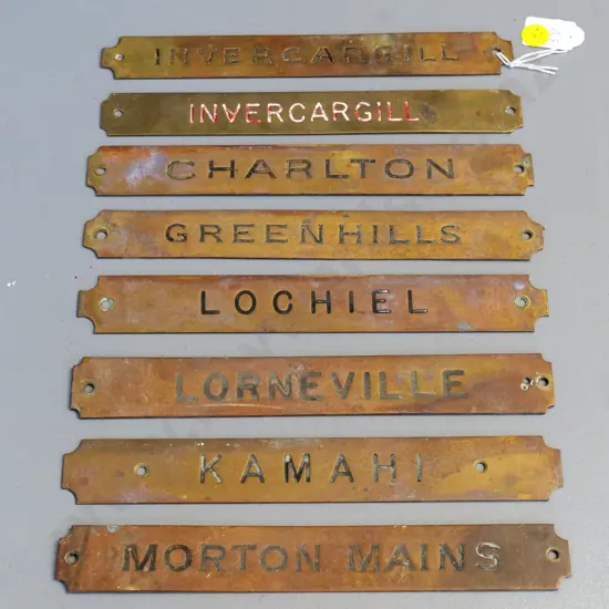 set of 8 brass Tyer's tablet machine NZR name plates - Invercargill, Lochiel, Greenhills, Kamahi, Lorneville etc.
