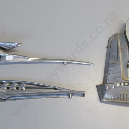 3 vintage automotive bonnet or grille ornaments - Studebaker front bonnet plate H210, Plymouth/Dodge? & winged figure