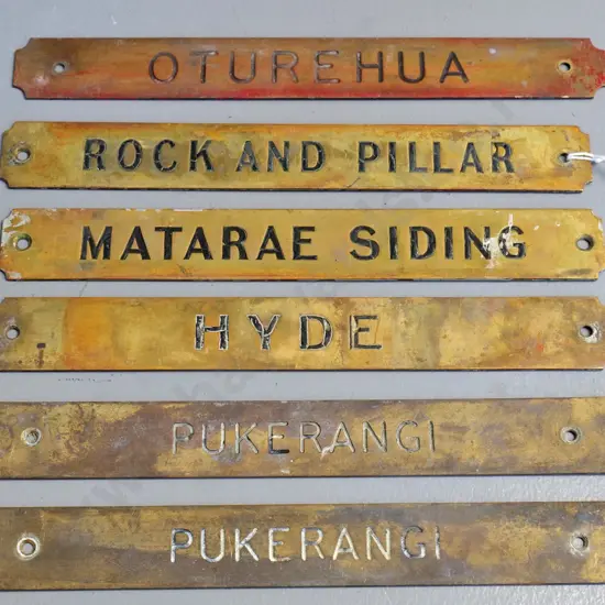 set of 6 brass Tyer's tablet machine NZR name plates - Central Otago incl. Rock & Pillar, Hyde, Oturehua, etc
