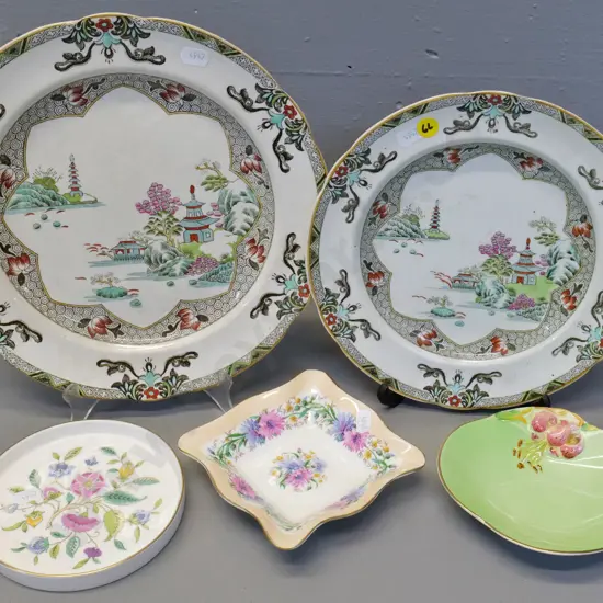 2 Spode 'Landscape' plates, chip to back of smaller, larger is D-260, Minton & Foley sweet dish, Royal Winton pin dish
