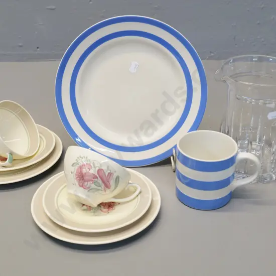 Stuart crystal water jug H160 W160, 2 Susie Cooper trios, Cornish plate & Cornish green mark mug