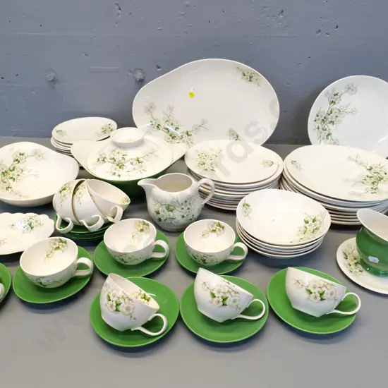 Clarice Cliff 'Blossom Time' dinner and tea-ware - 12 of some, 10 cups, ashett, lidded vege, etc - some glaze crazing