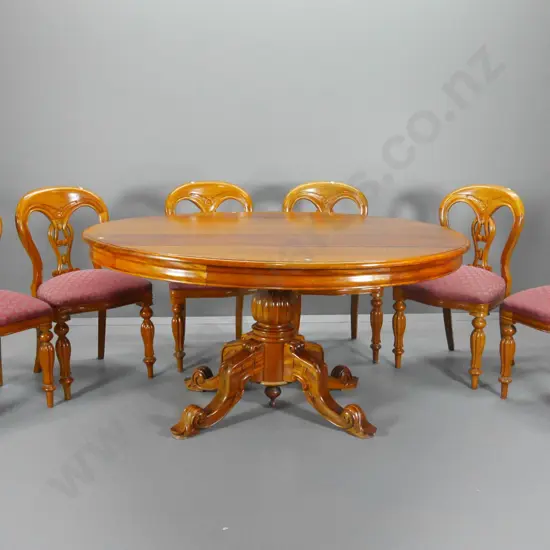 Victorian mahogany dining suite - large round table on carved column base, 6 carved splat back chairs H770 D1500