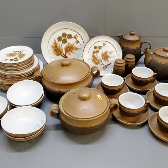 large Denby dinner set - brown leaf & rough textured - 6 place, 2 casseroles, teapot, hot water jug