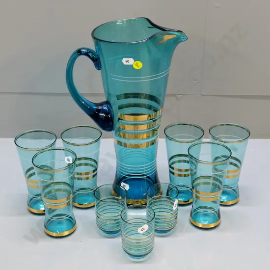 mid-century 7-piece turquoise glass & gilt band water set with 3 extra shot glasses - jug H-330