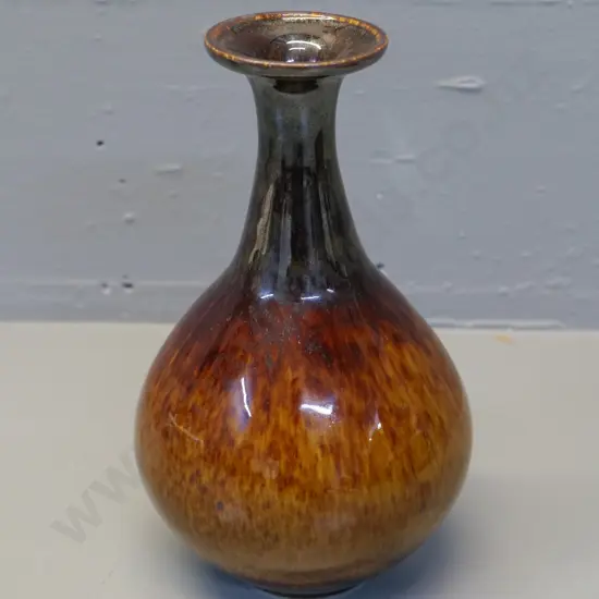 brown stipple glaze pottery vase - impressed New Zealand, unreadable maker's mark - glaze on rim slightly rough H200