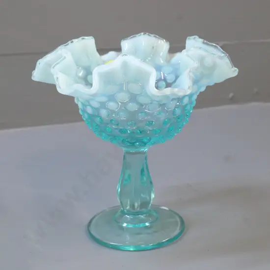dimple pattern depression glass small comport bowl with - turquoise with milk glass rim H160 D155