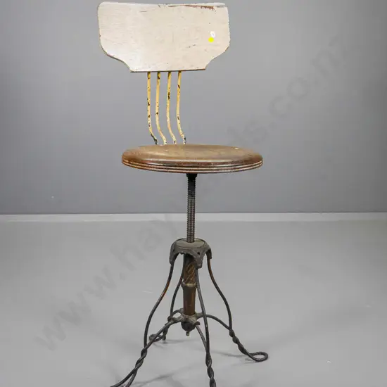 vintage task chair w/ forged metal base, copper finish, timber seat and back, a little wobbly H1040 W380 D440