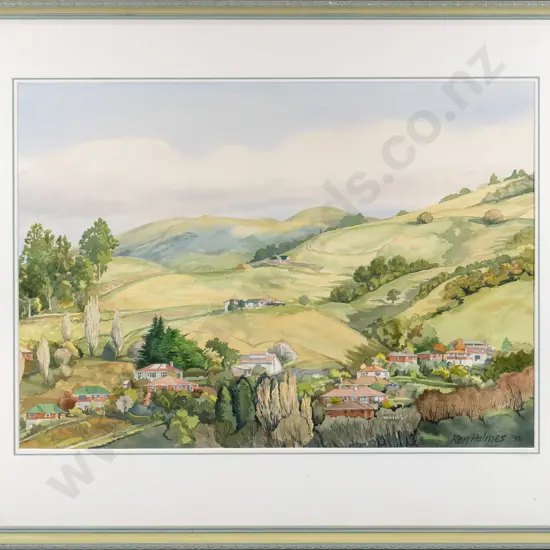 Ken Holmes '92 - framed watercolour - house and country scene H-530 W-740 (crack to frame)