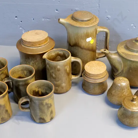 assorted Temuka pottery circa 1970s, Jack Laird designs - coffee pot H200, teapot, coffee mugs, storage jar, etc.