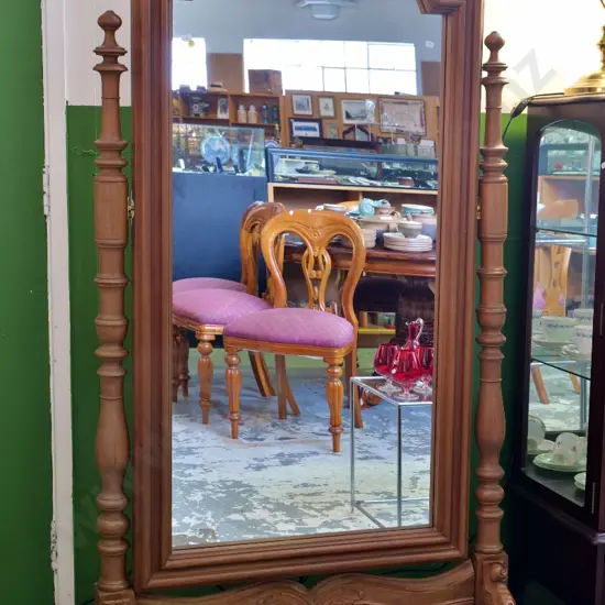 Victorian mahogany floor-standing cheval mirror with ornately carved frame - loose joint on base H1710 W850 D630