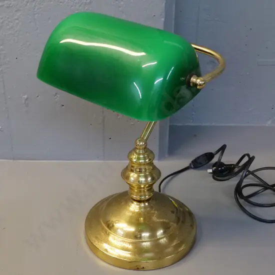 brass banker's lamp with green glass shade - pitting to brass H-380 W-250