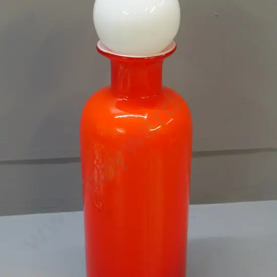 art glass vase - orange with white lining and ball stopper H-450