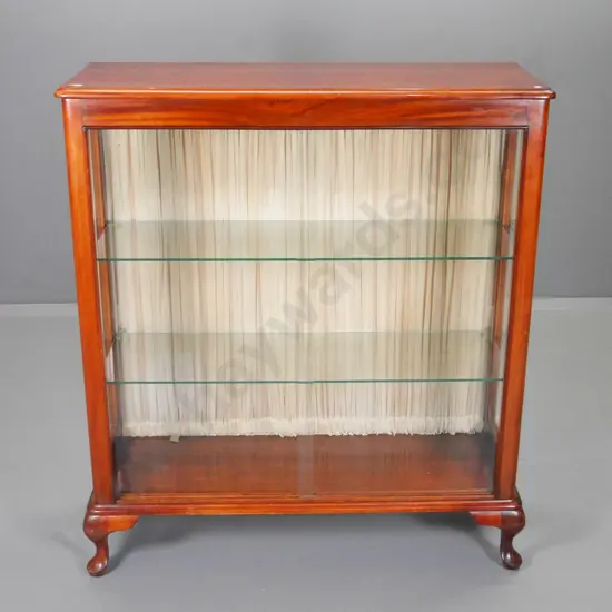 reproduction mahogany china cabinet w/glazed sides, 2 adjustable glass shelves, gathered fabric H1080 W940 D340
