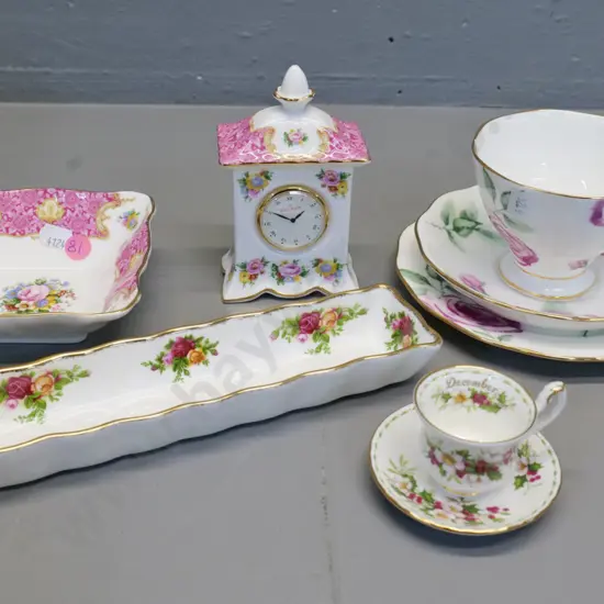 Royal Albert Rose Clouds trio, Lady Carlisle dish & clock, Old Country Roses mint dish, miniature December cup & saucer