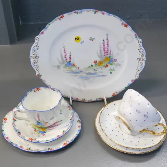 Paragon Foxglove cake plate and trio, and a Shelley trio
