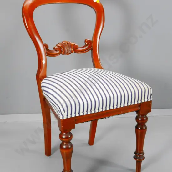 Victorian mahogany balloon back dining chair with striped ticking fabric seat - has loose joints H860 W450 D400