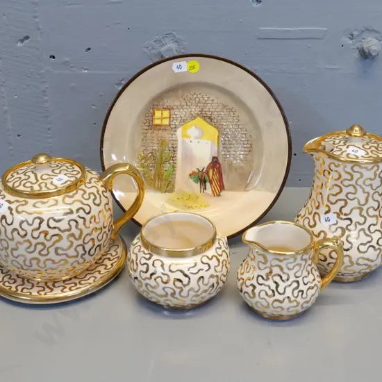 English (Gibsons?) cream & gilt teapot, coffee pot, milk & sugar and Royal Doulton desert motif cabinet plate D-215