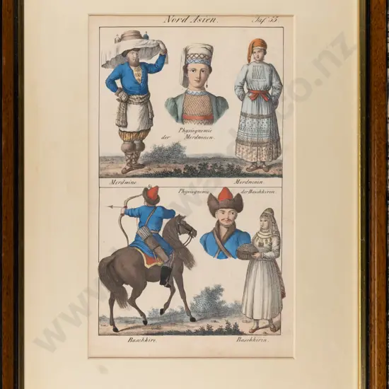 framed coloured engraving - traditional attire H-250 W-130
