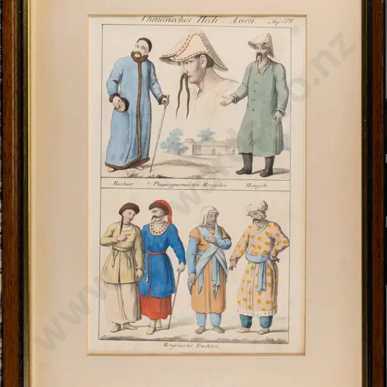 framed coloured engraving - traditional attire H-250 W-130