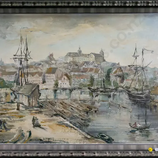 Rabela Ewa Staskiewicz - framed oil - Polish quayside  H-480 W-630