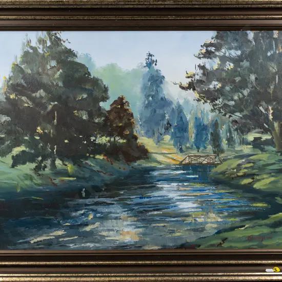 framed oil - river scene H-490 W-680