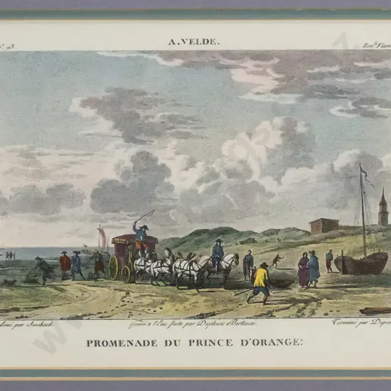 framed hand coloured vintage print "Promenade du Prince D'Orange" H-185 W-250