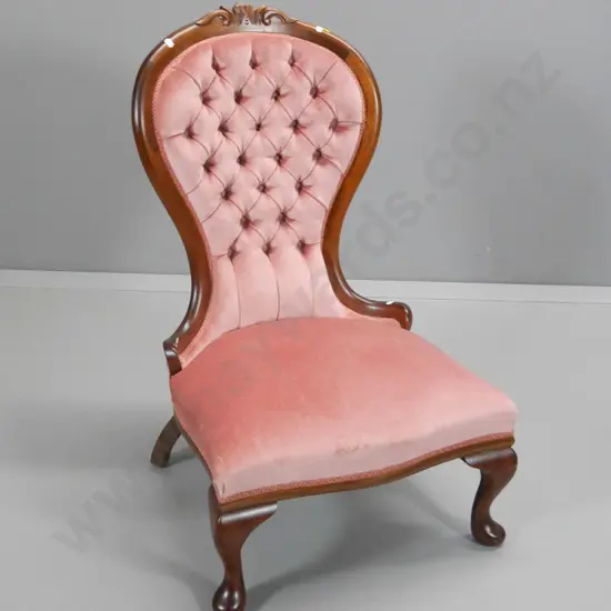 reproduction mahogany carved back Victorian style lady's chair, deep-button back pink velvet upholstery H890 W550 D500