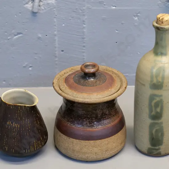 assorted studio pottery - Lucy Rie small jug, NZ lidded pot & stoppered bottle H240, unkown maker's marks