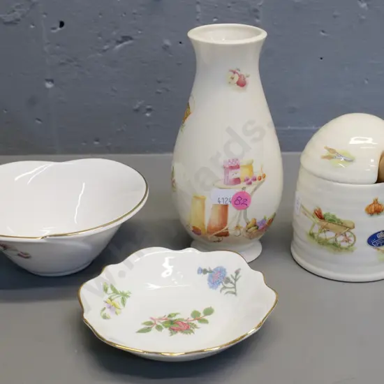 4 pieces of Aynsley china - Edwardian Kitchen Garden vase & honey pot, small floral bowl, Wild Tudor pin dish