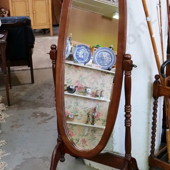 mahogany floor-standing oval cheval mirror - some rubbing to polish H-1540 W-570