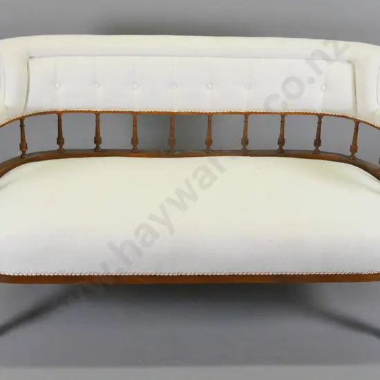 Edwardian tub-style settee w/spindle back, porcelain casters - cream cotton upholstery needs cleaning H760 W1350 D600