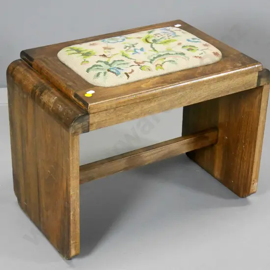 deco solid timber stool with hand-worked tapestry seat - scratches and fading to polish H-400 W-510 D-330