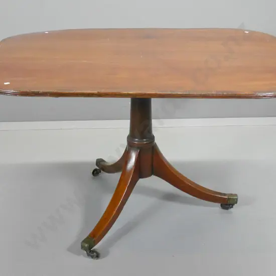 vintage mahogany oblong loo table - tripod base, cross-banded edge, metal casters, some lifting veneer H710 L1210 W900