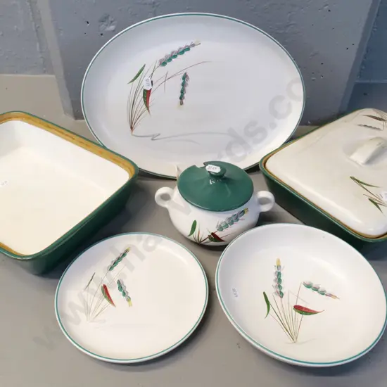 Denby Greenwheat oven-proof table ware - lidded casserole, ashett L320, bowl, plate, sugar bowl - some staining