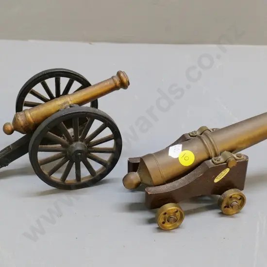 2 model cannons - brass & timber, Made in Taiwan label, and larger cast iron & brass H-90 L-190 W-110