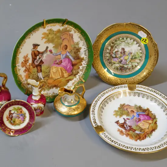 7 pieces of Limoges china - 3 plates, 2 jugs, kettle and an ash-tray D-160